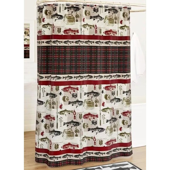 Mossy Oak Ghillie Shower Curtain Fish Motif Red Green Plaid Lake House Vibe NEW - Picture 3 of 3